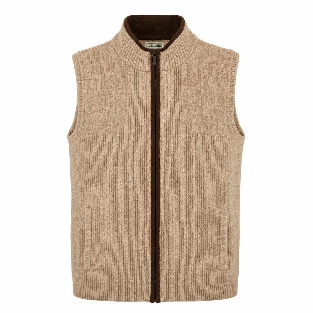 LL Bean Sweater Vest Mens L Tan 100% Merino Lambswool Full Zip Preppy Waterfowl